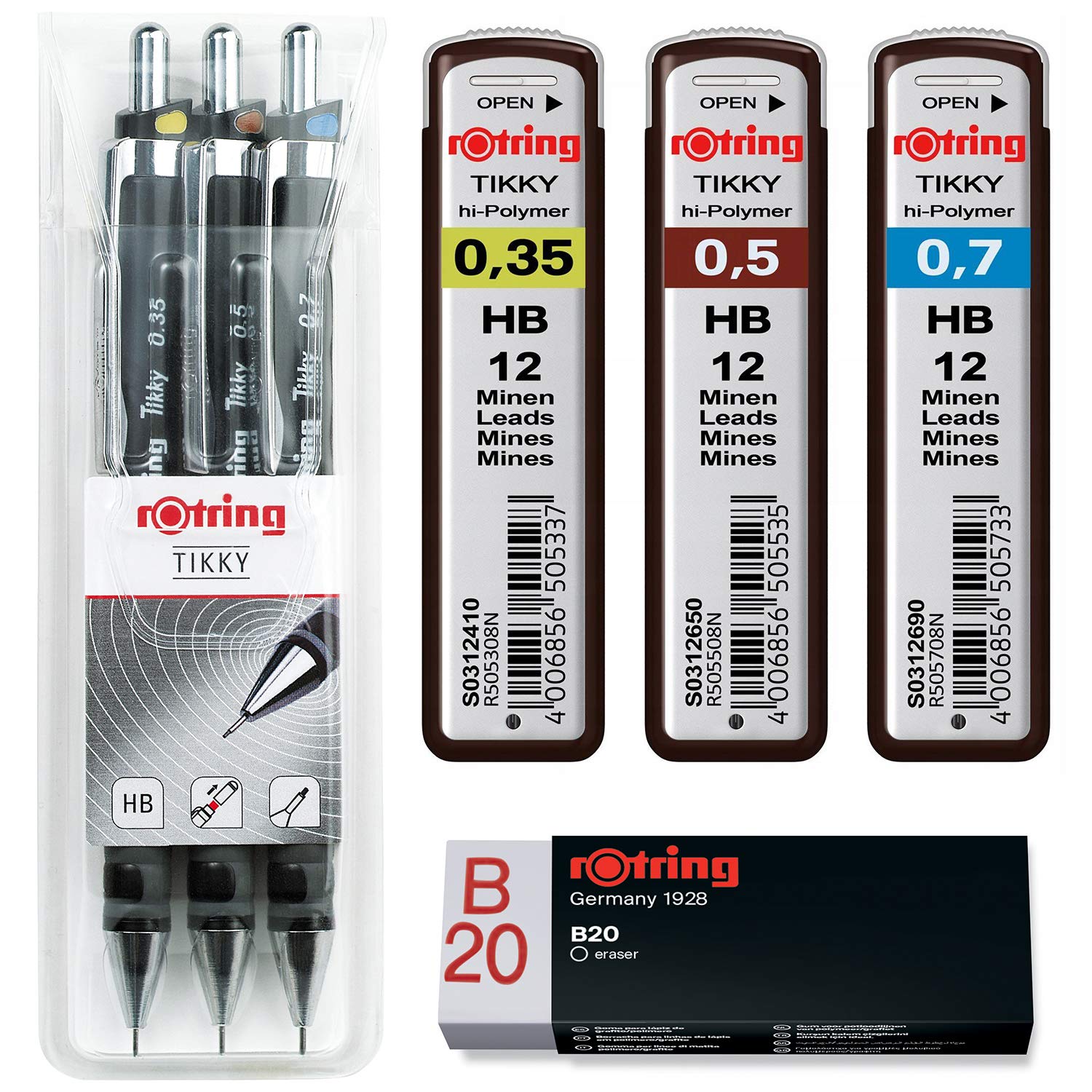 Rotring Tikky Mechanical Pencil Set, 3er Komplettset mit Minen und Radierer, 1