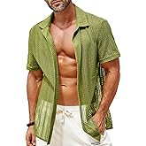 Runcati Mens Button Down Shirts Short Sleeve Hollow Out Knit Shirt Cuban Collar Casual Crochet Beach Summer Tops