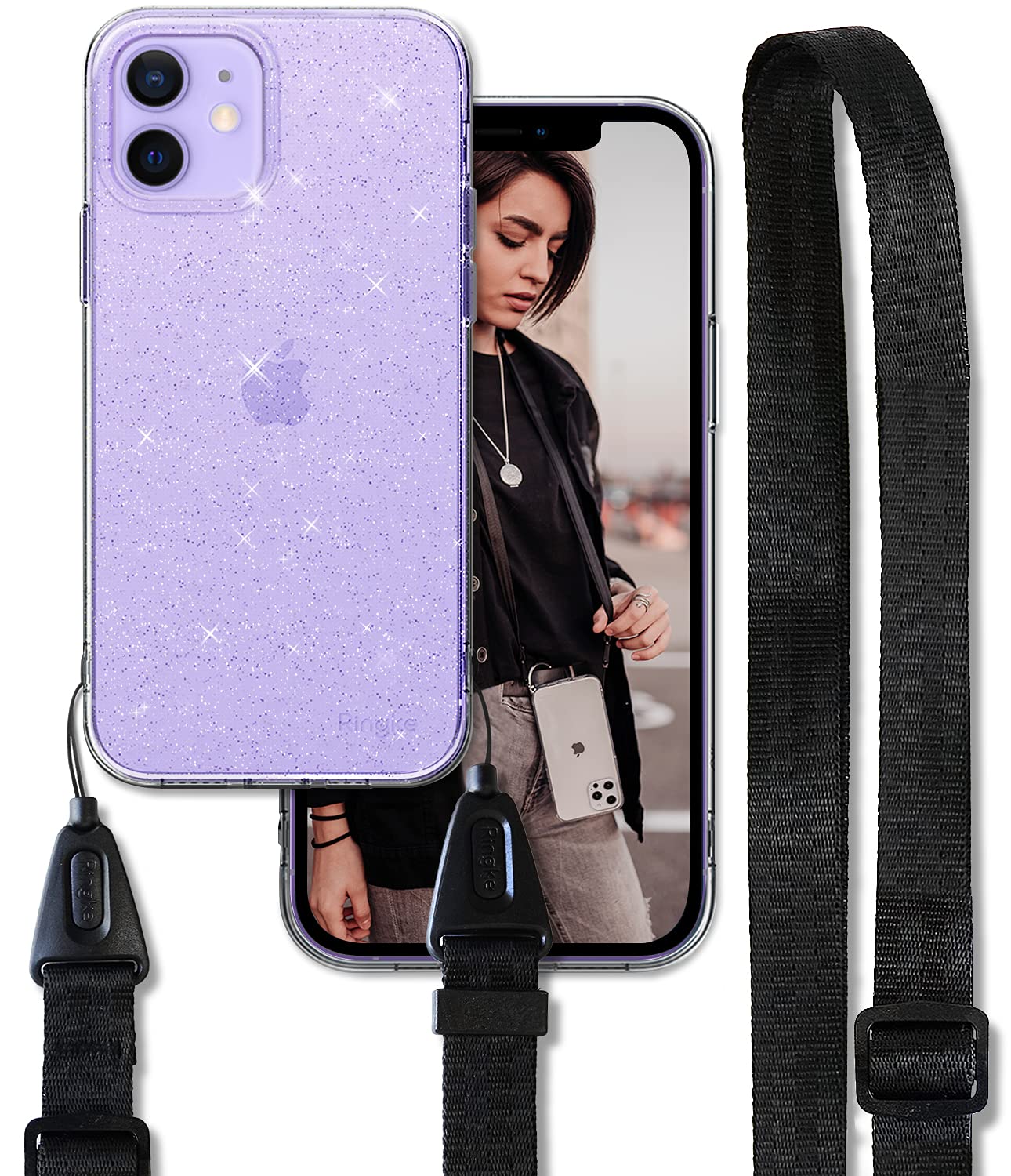 Ringke Air Shoulder Strap Compatible with iPhone 12 Mini Case, Crossbody Necklace Lanyard with Clear TPU Silicone Phone Back Cover for 5.4-inch (2020) - Glitter Clear