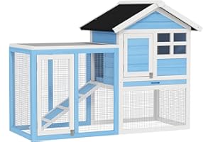 PawHut 48" Wooden Rabbit Hutch Bunny Cage with Waterproof Asphalt Roof, Fun Outdoor Run, Removable Tray and Ramp, Light Blue
