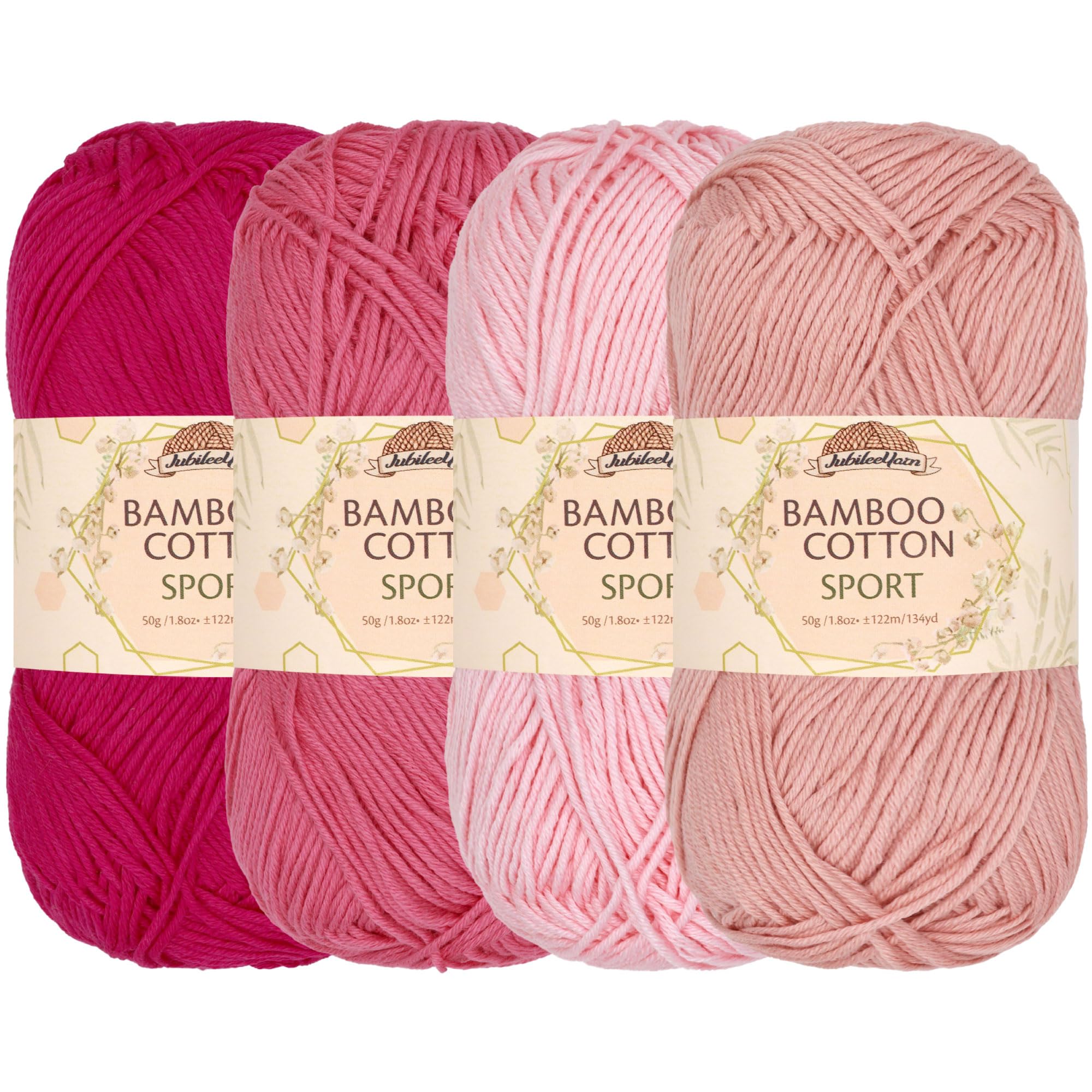 JubileeYarn Bamboo Cotton Sport 4 Ply Yarn - 50g/Skein - Shades of Pink - 4 Skeins