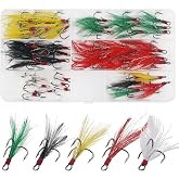 Fishing Treble Hooks Kit,50pcs Round Bend High Carbon Steel Treble Fish Hook with Feather Dressed Fishing Bait Making Lures for Trout Catfish Hard Spinner Saltwater Freshwater Tackle