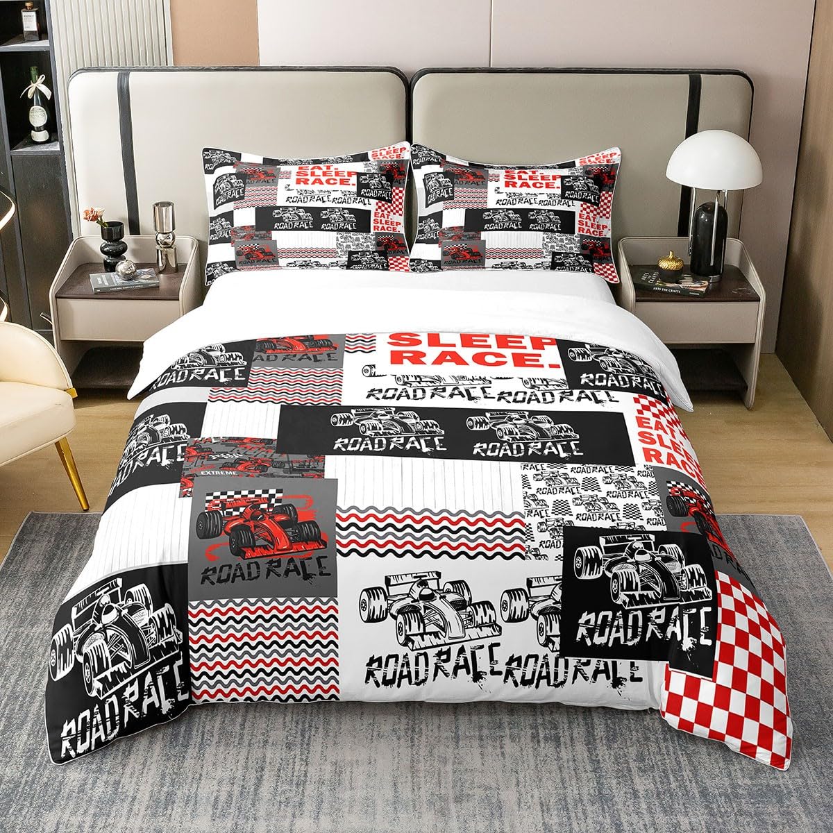 Race Car Cotton Duvet Cover Set for Girls Boys Kids Single Size Red Speed Sports Car Comforter Room Decorative Black White Buffalo Check Racing Flag Bedding Set Duvet Set Quilt Set