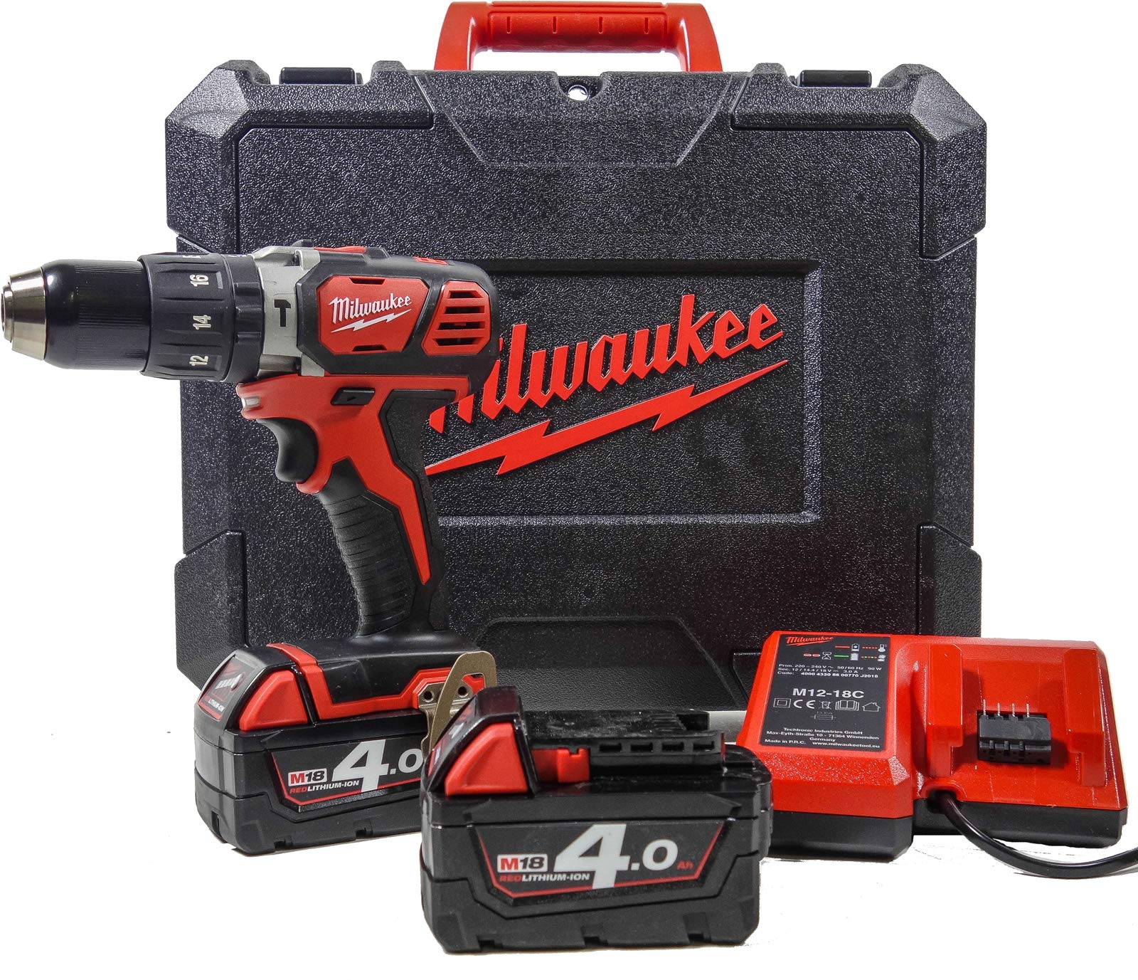Milwaukee 4933443520 Trapano A Percussione M 18 Bpd-402C 18 V, 4,0 Ah Al Litio, 2 Livelli Di Velocità, 60 Nm, Rosso