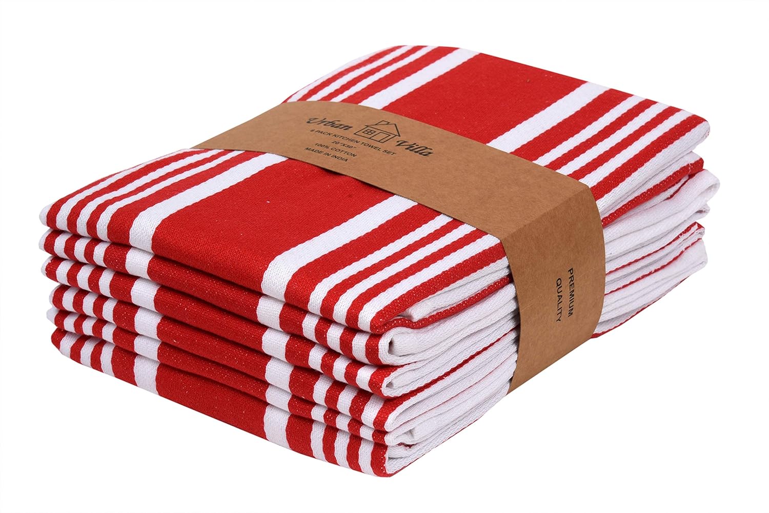 Urban Villa Kitchen Towels,Trendy Stripes, 100% Cotton Dish Towels, Mitered Corners, (Size: 20X30 Inch),Chilli Red/White Highly Absorbent Bar Towels & Tea Towels - (Set of 6)