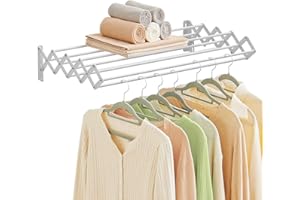 SONGMICS Clothes Drying Rack, Wall-Mounted Drying Rack Clothing, Accordion Laundry Rack, 9 Staggered Hanging Rods, Expandable