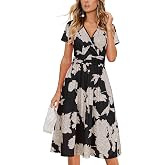 OUGES Casual Summer Dress for Women Wrap V Neck A Line Midi Dresses with Pockets