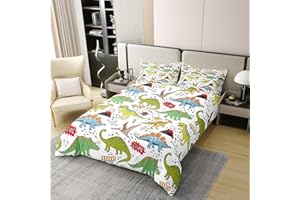 CASTLE FAIRY Cartoon Colorful Dinos Duvet Cover 100% Cotton Watercolor Dinosaurs Hippie Duvet Cover Kids Teens Room Decor Black Dots Graffiti Cool Comforter Cover Twin Soft Bedspread with Zipper Closure