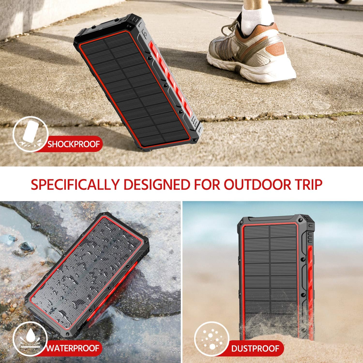 Solar Power Bank 30000mAh, Solar Charger, Qi Wireless Charger, Outputs 5V/3A High-Speed & 2 Inputs Huge Capacity Phone Charger for Smartphones, IP66 Rating, Strong Light LED Flashlights