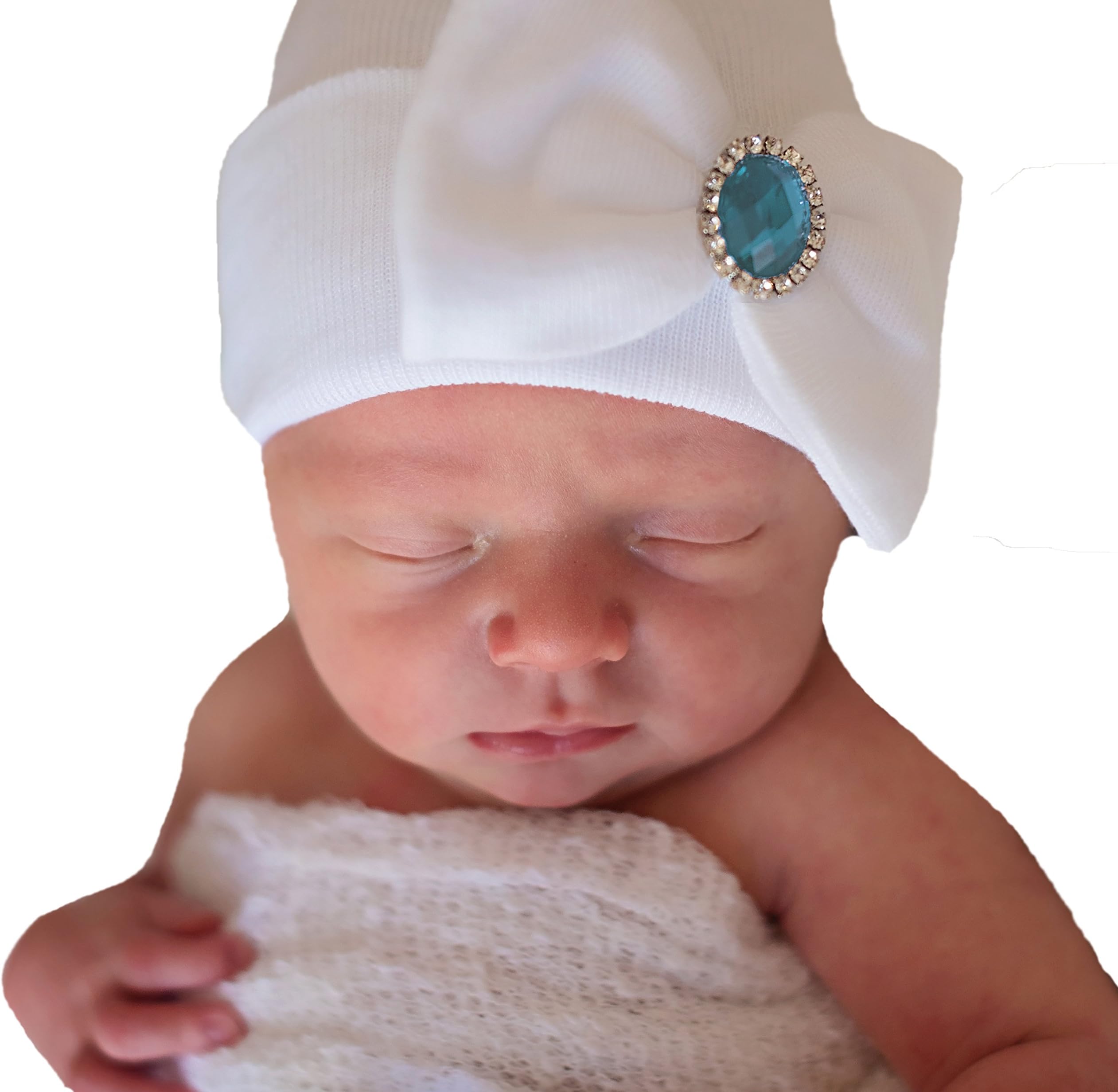 Melondipity Birthstone Newborn Hospital Hat - White Newborn Girl Hat with Bow (Light Blue - June/March/September -)