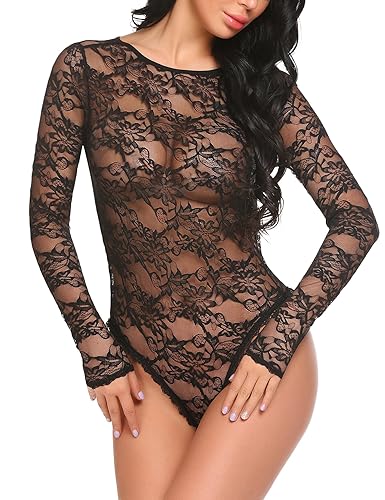 ADOME Damen Langarm Body Sexy Overall Top Negligee Lingerie Oberteil Spitze Bodysuit