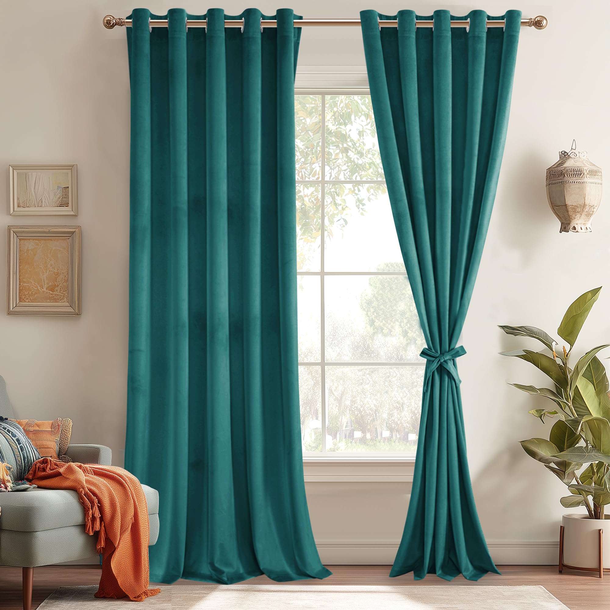 JIUZHEN Velvet Curtains 96 Inch Long–Soft Retro Velvet Blackout Thermal Insulated & Noise Reducing Grommet Curtains for Living Room/Closet,70W x 96L, 2 Panels with Tiebacks,Teal Image