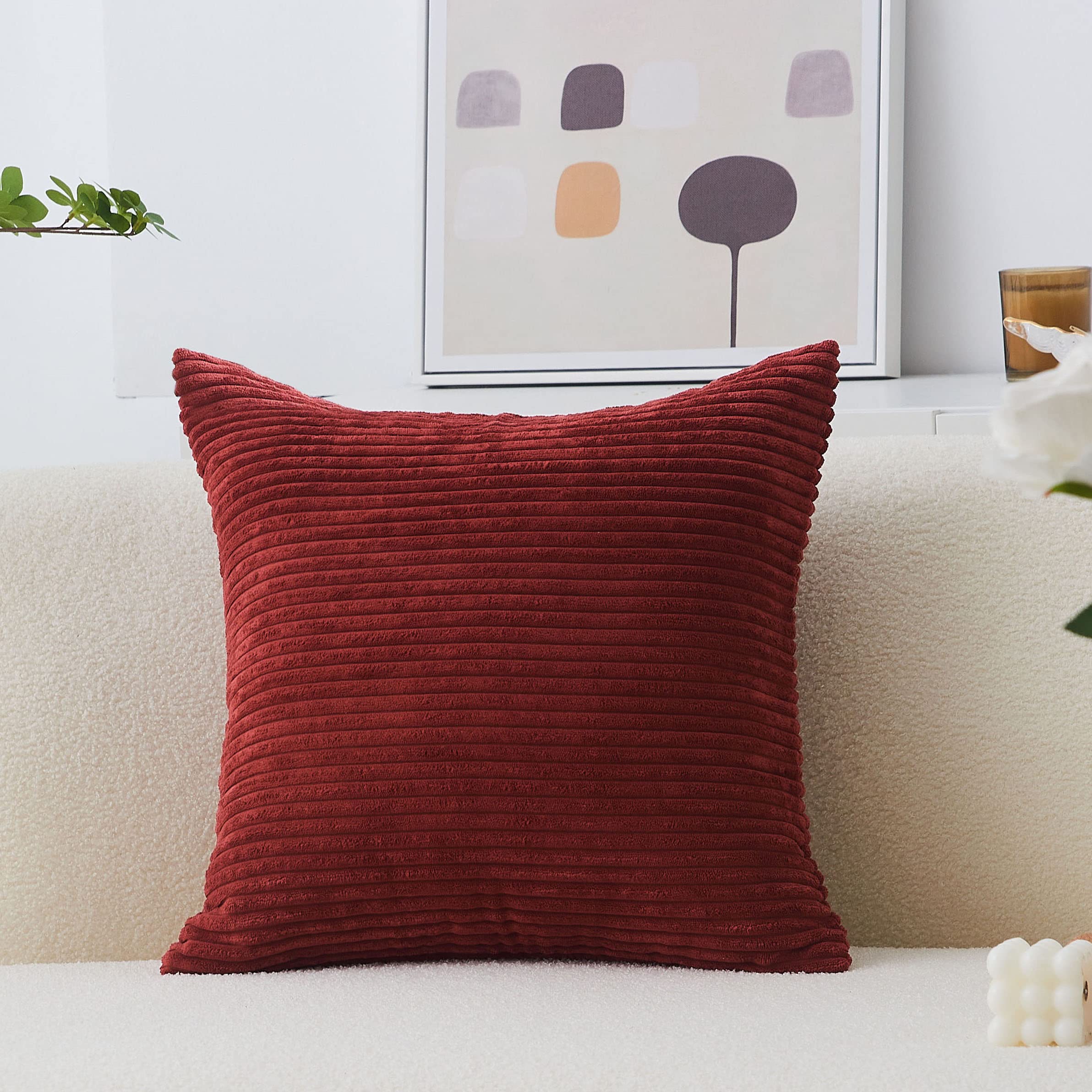 Photo 1 of Home Brilliant Solid Corduroy Pillow Cover Red Decorative Vintage Striped Pillow Case 20x20 Plush Throw Pillows for Couch Sofa Hanging Chair, 20 x 20 inch (50cm), Burgundy