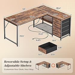 PRAISUN 53" L Shaped Desk with Power Outlets and
