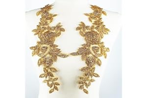 YOOGCORETT Gold 3D Lace Applique, Sew on Flower Bead Fabric Patches Embroidered Trim for Wedding Dress Decor DIY Sewing Clothing 12.6" x 4.3"Inch (1 Pair)