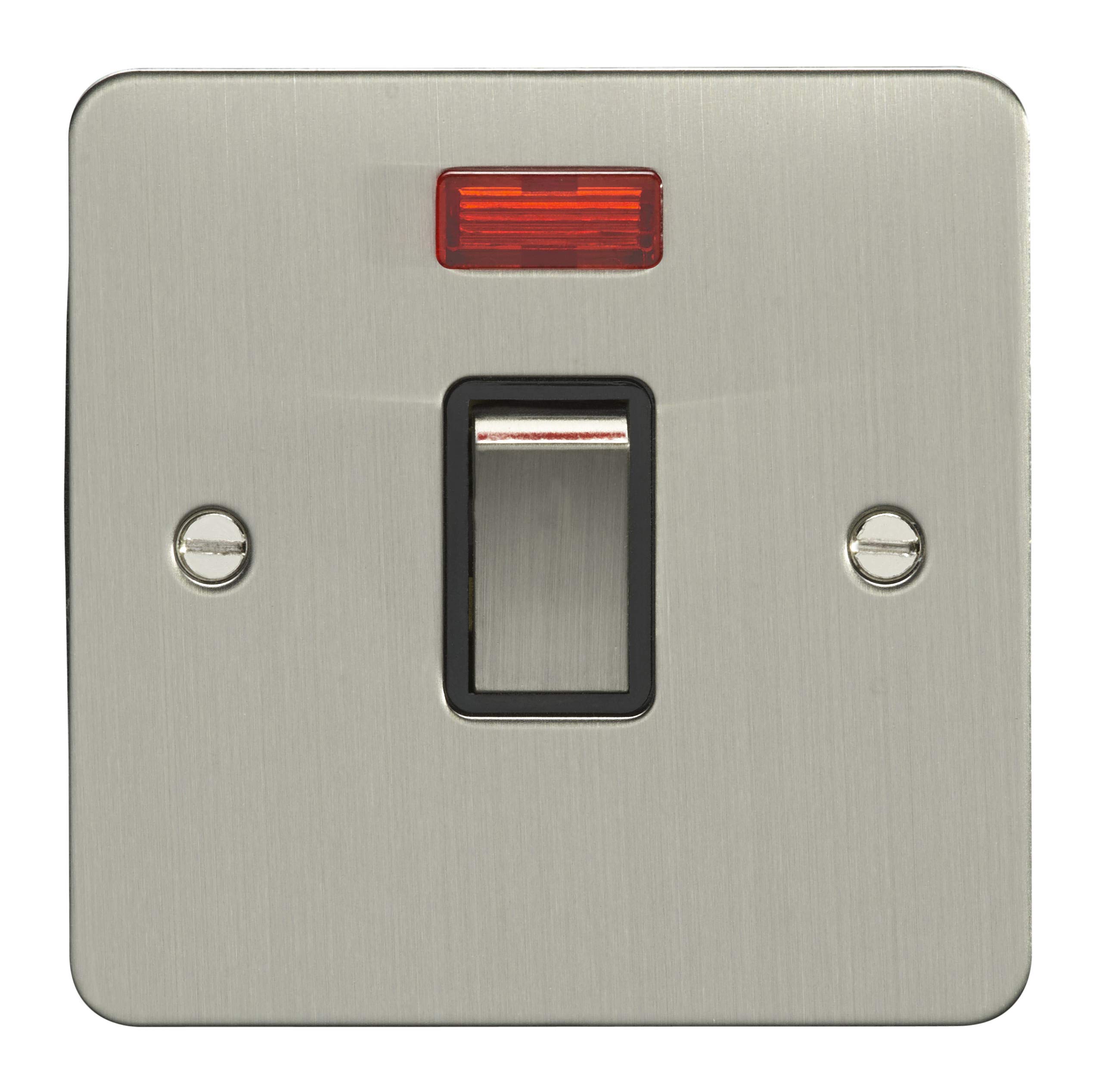 1 Gang 20Amp DP Switch with Neon Enhance Flat Satin Stainless Steel Plate Matching Rocker Black Trim