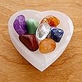 DANCING BEAR 3" Selenite Heart Bowl, 7 Tumbled Chakra Stones & Silk Bag Gift Set, Healing Crystals kit with Palo Santo for Smudging, Charging & Balancing Positive Energy, Made in the USA