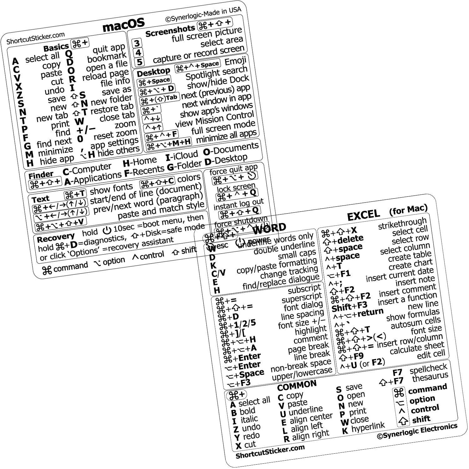SYNERLOGIC Mac OS (M/Intel) + Word/Excel (for Mac) Quick Reference Keyboard Shortcut Stickers - for MacBook Air/Pro/iMac/Mac/Mini (Clear, 1 Set)