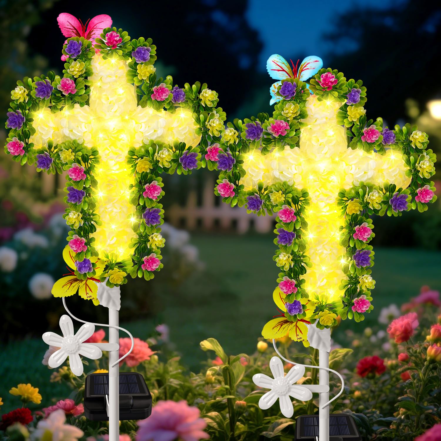 Photo 1 of *MISSING PARTS* YJFWAL Solar Flower Cross for Cemetery Grave, Grave Decorations for Cemetery Solar Crosses, Sympathy Memorial Gifts, for Easter Halloween Garden Lawn Yard Patio Decor