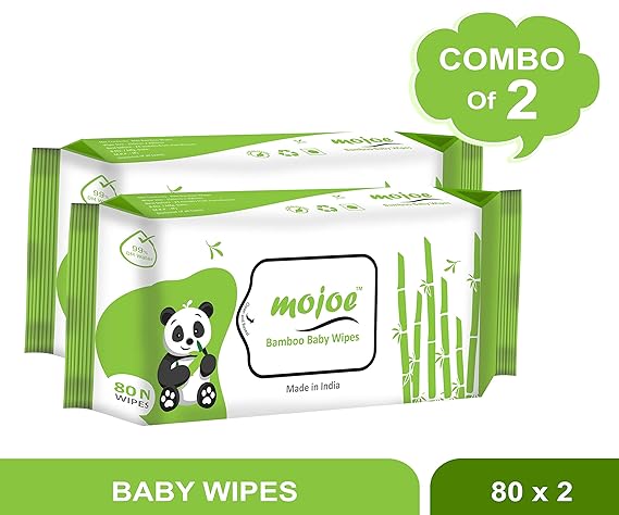 Mojoe Bamboo Baby Wipes with 99% Water Based Formulation (Pack of 2 X 80 Pcs), Eco-Friendly Wipes
