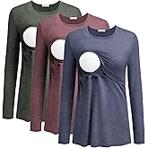 Ekouaer Women Long Sleeve Nursing Shirts 3 Pack Breastfeeding Round Neck Top Double Layer Maternity Tshirt Pregnancy Clothes
