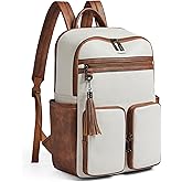 Shrrie Laptop Backpack for Women 16 Inch,Vegan Leather Travel Backpack Purse Work Business Computer Backpacks Teacher Nurse College Laptop Bookbag Casual Daypack,Beige with Brown
