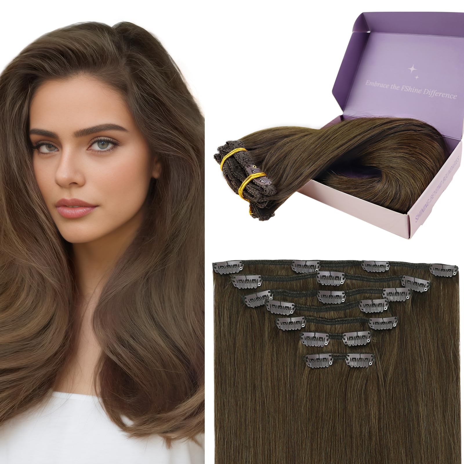 Fshine Seamless Clip in Hair Extensions Human Hair 14 Inch Chocolate Brown Human Hair Extensions Clip in Straight Dark Brown Remy Hair Clip in Extensions Full Head 120g 7pcs — image 1