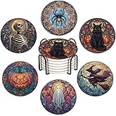 LOKMU Coasters for Drinks, Round Absorbent Ceramic Stone Coaster Sets of 6 with Metal Holder Stand, Stained Glass Halloween Pattern Coasters with Cork Base for Coffee Wooden Table, Housewarming Gifts