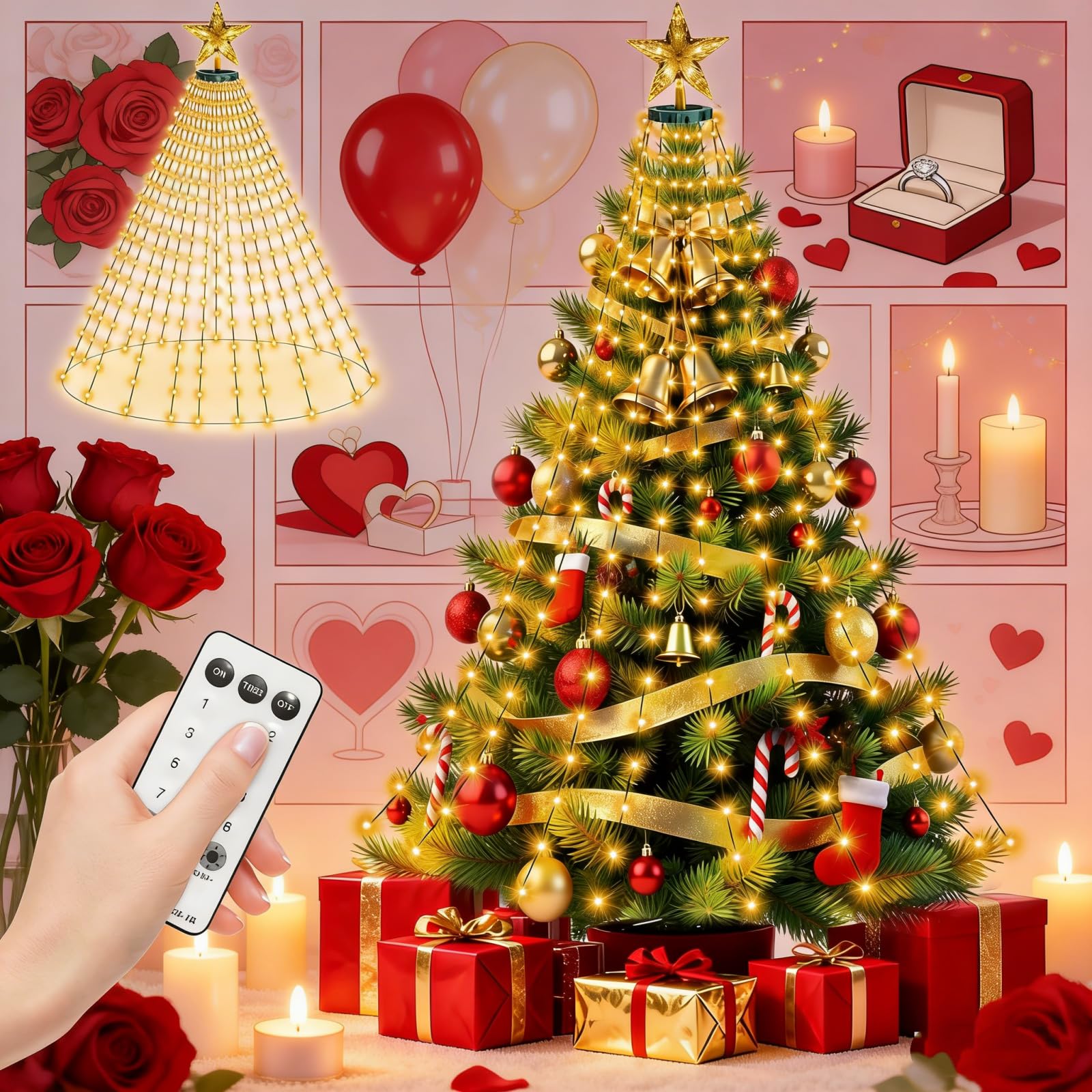 HELESIN Christmas Tree Lights Ring Warm, 410 LED 6.56FT x 16 Lines Christmas Light with 8 Modes Timer Remote, Waterfall Tree Lights Plug in String Light for Indoor Outdoor Yard, Party, Valentine's Day