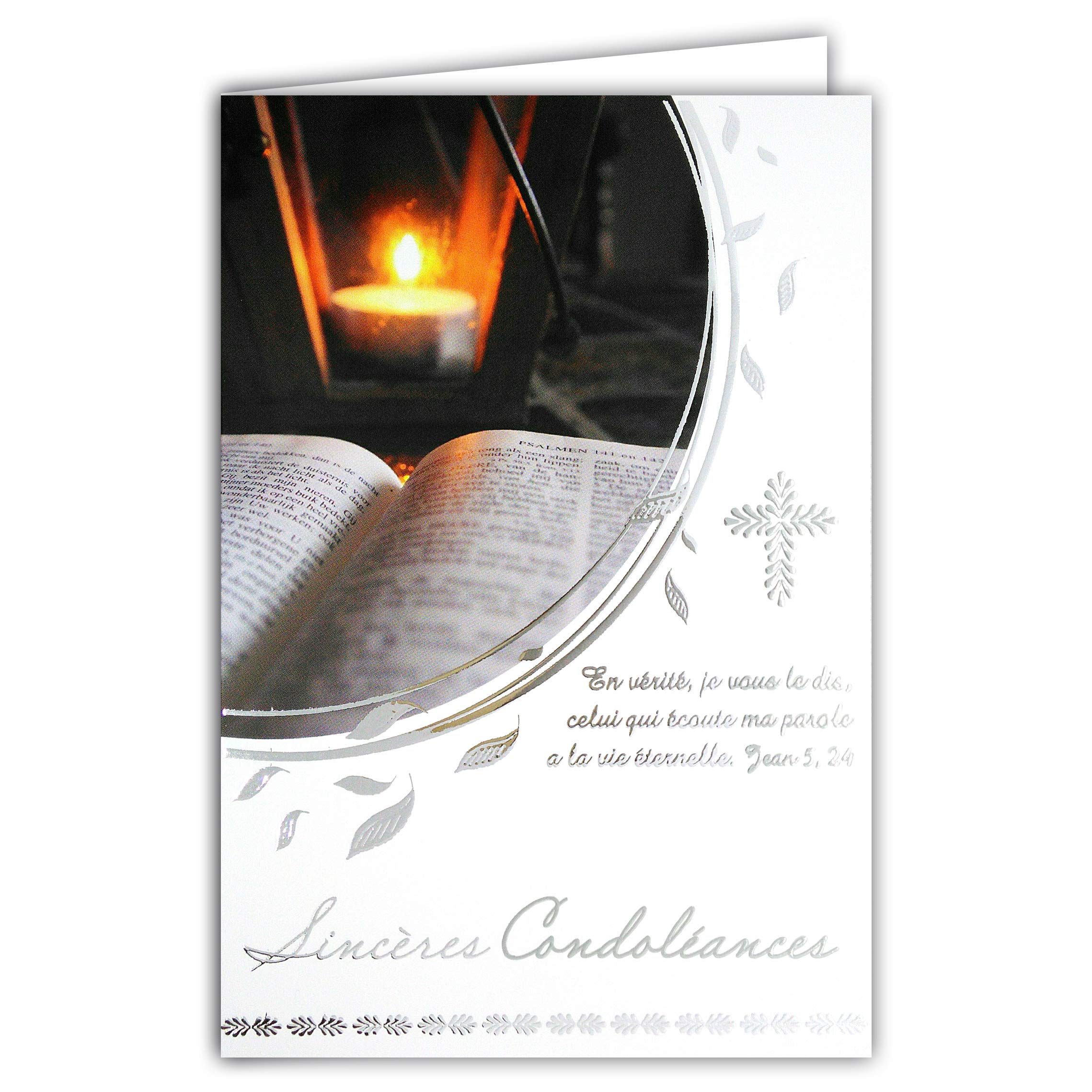 Afie 64-1069 Sincers Condolence Card with White Envelope - Silver Glittering Christian Catholic Cross