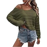 SHENHE Women's Crochet Hollow Out Drop Shoulder Scoop Neck Long Sleeve Sweater Top
