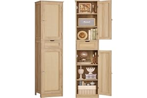 TEENFON 67" H Tall Storage Cabinet with 2 Rattan Doors and 1 Drawer, Narrow Rattan Cabinet with Adjustable Shelves, for Living Room, Entryway, Kitchen, Natural