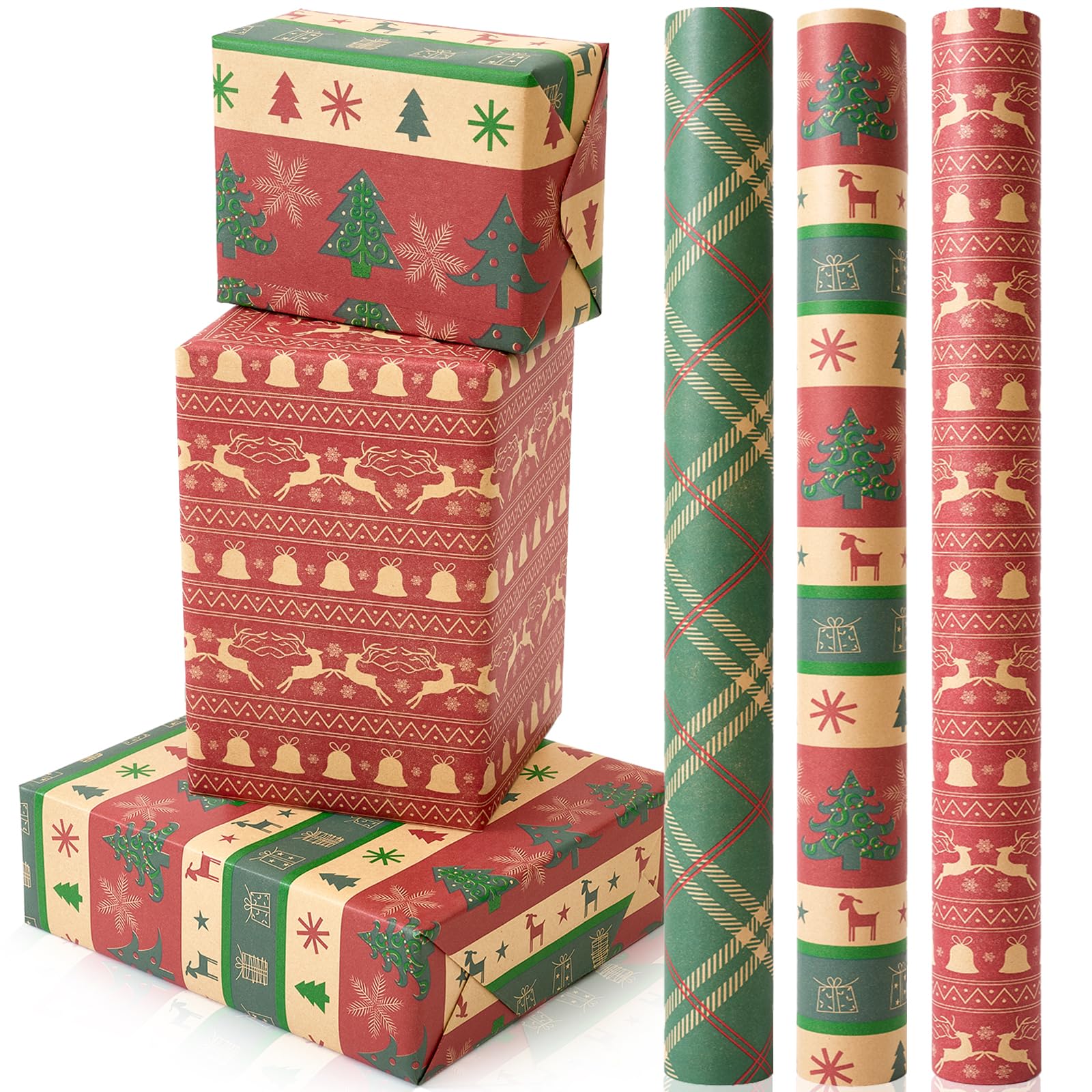 Photo 1 of Vintage Christmas Wrapping Paper Mini Roll 17 Inch X 120 Inch 3 Different Christmas Rolls, Grid, Christmas Tree, Deer and Dell Print Wrapping Paper for Kids Gift Wrapping, Christmas Family Party, Christmas Tree Decorations