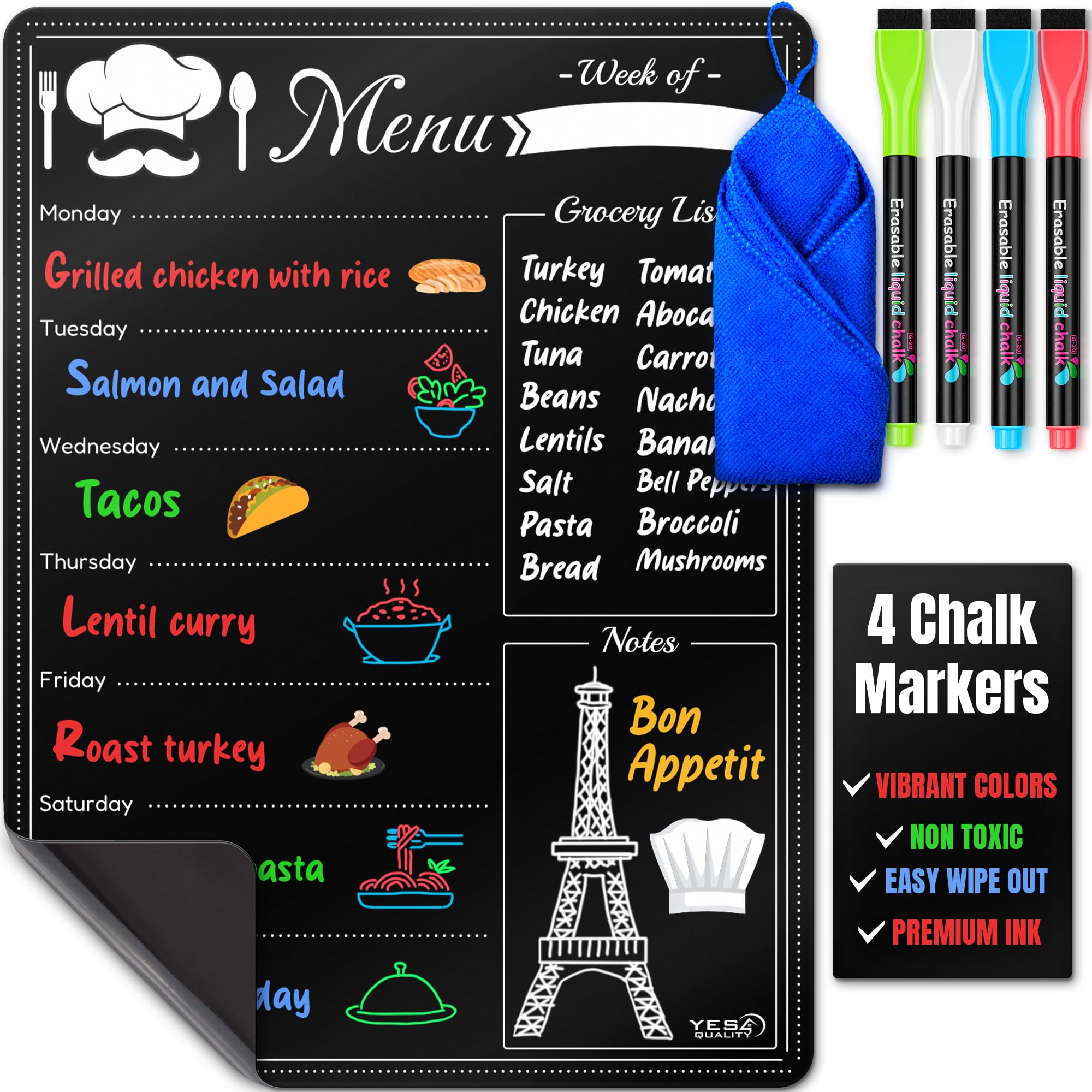 Magnetic Dry Erase Menu Board - A3 / 40x30 cm, Black - Weekly Meal Planner Blackboard for Fridge - Use for Dinner Menus & Grocery Lists - Includes 4 Neon Chalk Markers & Cloth Eraser - by Yes4Quality