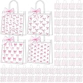 Kolldenn 48 Pcs Pink Bow Clear PVC Gift Bags with Handle Ribbon Reusable Pink Coquette Bowknot Goodies Treats Totes Bulk for Birthday Wedding Baby Shower Party Supplies, 5.9 x 6.3 x 2.8 Inch
