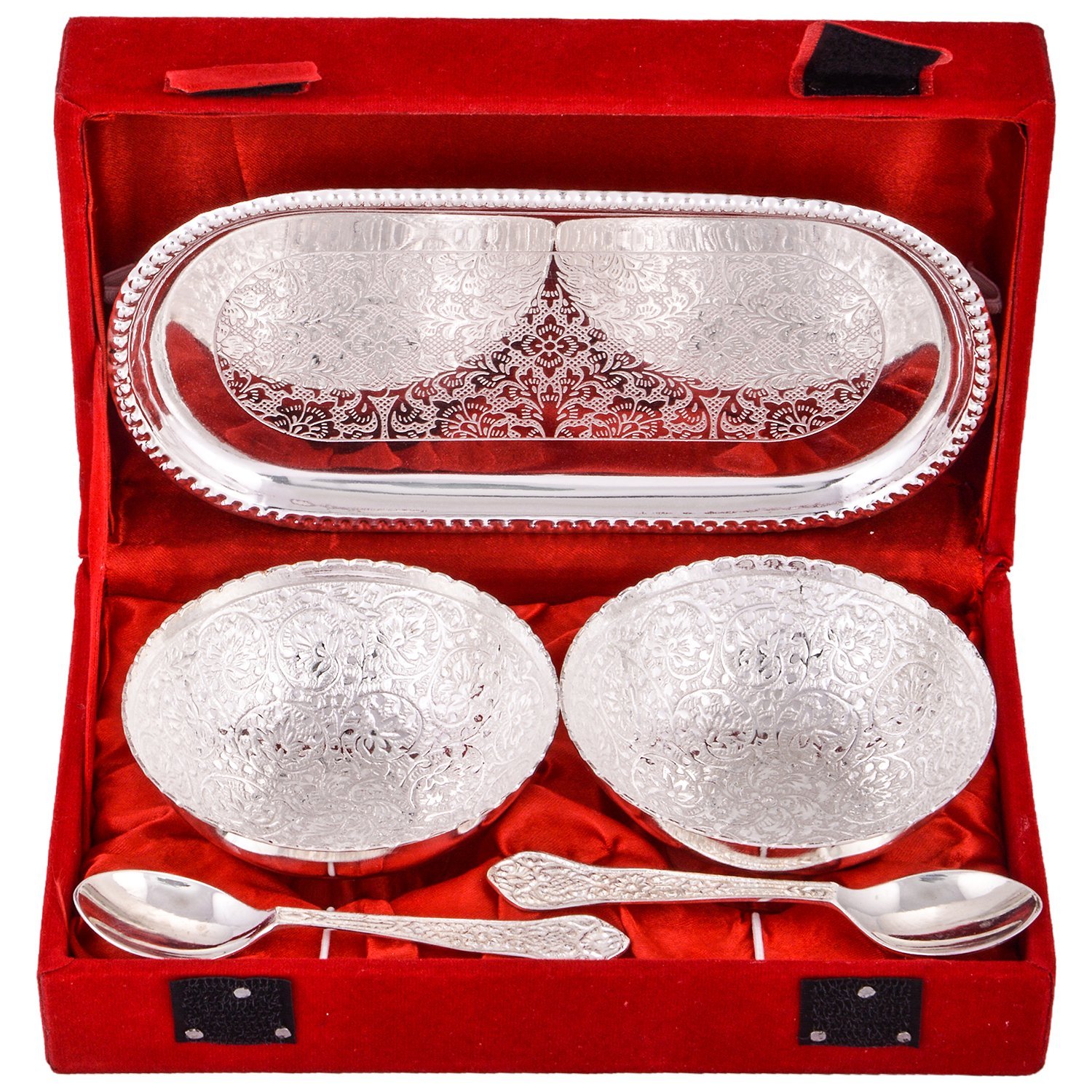 Rastogi Handicrafts Silver Plated Round Shaped Bowl and Tray Set Dry Fruit Bowl Set, Diwali, Christmas, Festival Gifts, Set