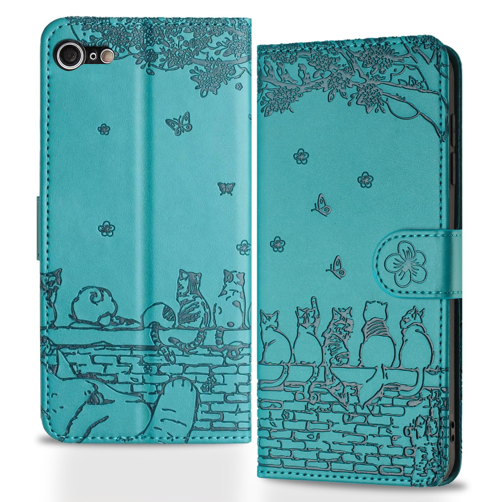 Butnyeoe for iPhone se（2022）（2020） Phone Case with Card Holder and Strap Magnetic, iPhone 8/7 Flip Case for Women Cute Cats Leather Wallet Cover-Blue Green