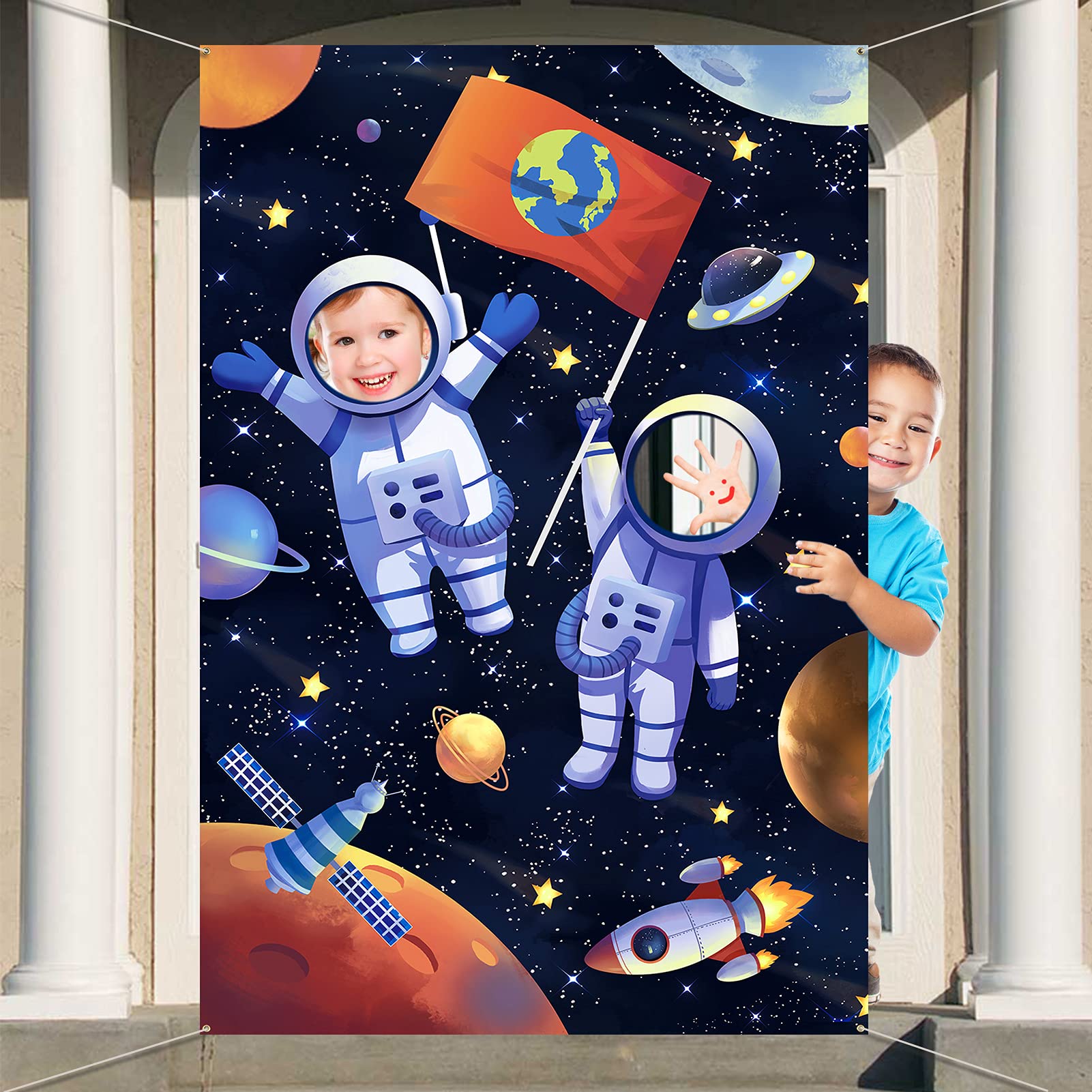 DPKOW Outer Space Birthday Party Photo Prop Game, Fabric Astronaut Pretend Play Backdrop Door Banner, Funny Universe Planets Face Game for Outer Space Astronaut Party Decoration Supplies — image 1