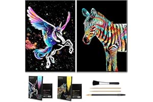 AP ARTSPER 2 PCAK Animal scratch art rainbow painting paper, Engraving Art & Craft Sets, Creative foil scratch art toys gift, DIY sketch card scratchboard for Kids & Adults, Women - 16'' x 11.2'' (Unicorn/zebra)