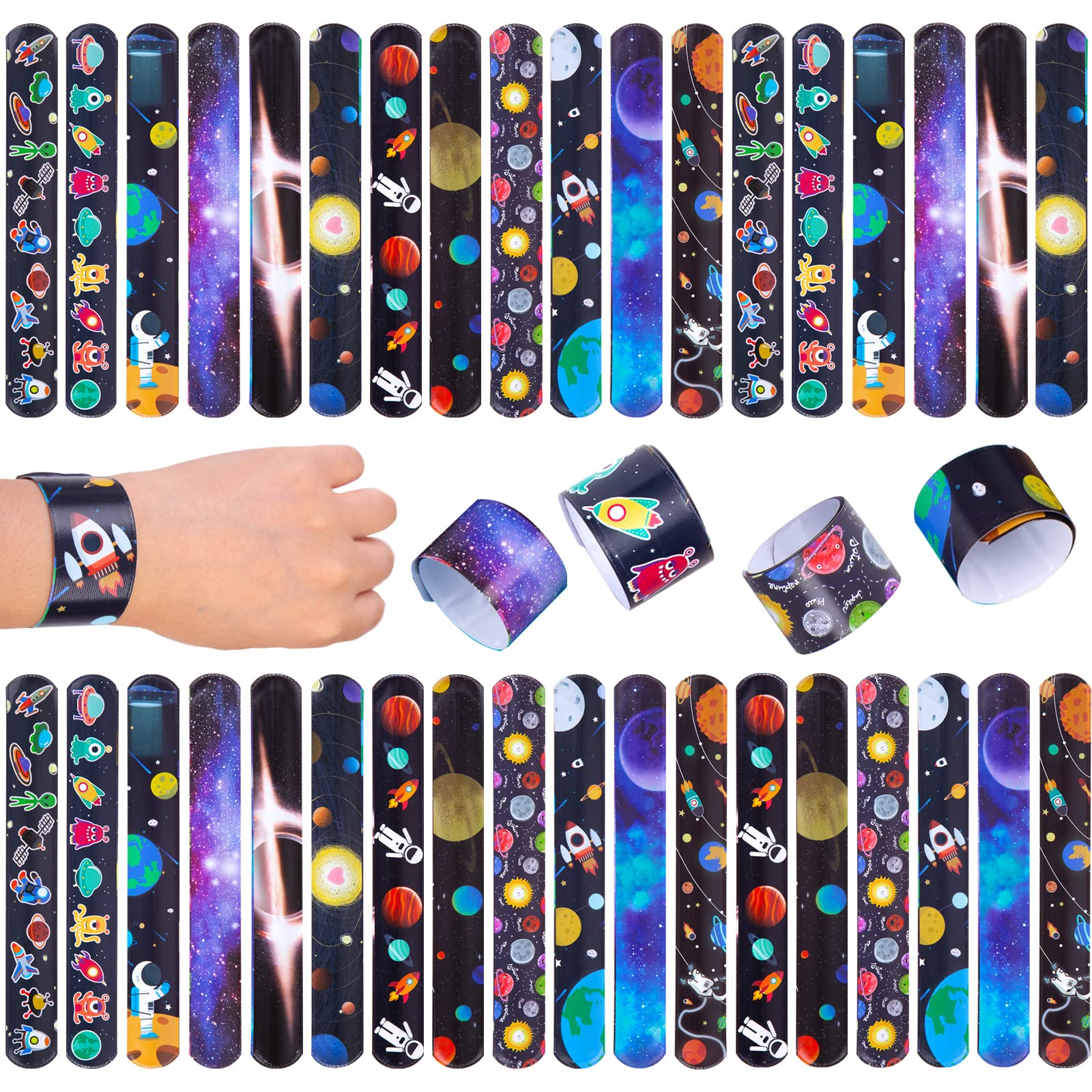 MCPINKY Slap Bracelets, 48PCS Kids Slap Wristbands with UFO Astronaut Space Stars Pattern Snap Bracelets for Party Favor New Year Gifts School Classroom Prize Exchange