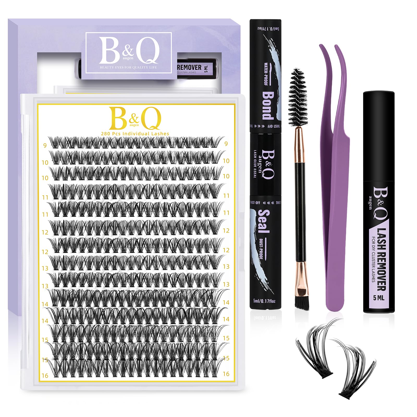 B&Q DIY Eyelash Extension Kit 280 PCS Cluster Lashes Kit C 9-16MIX Diy Lash Extensions Kit with Lash Bond and Seal Lash Remover Lash Applicators for Lash Clusters Lash Kit (Kit-30D-C Curl 9-16mm) — image 1