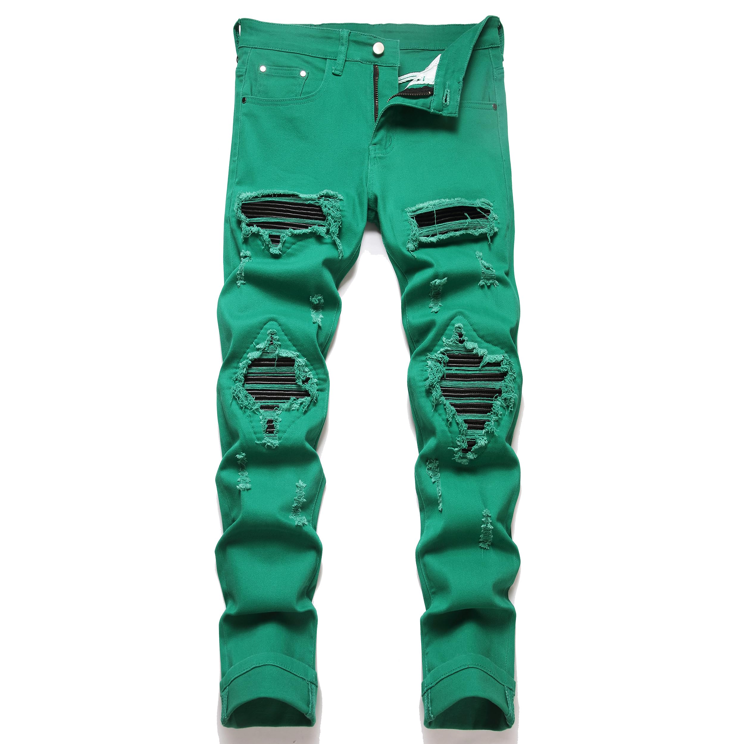 OIIIO Men's Patch Ripped Stretch Regular Fit Jean (28, 6665 Green) Image