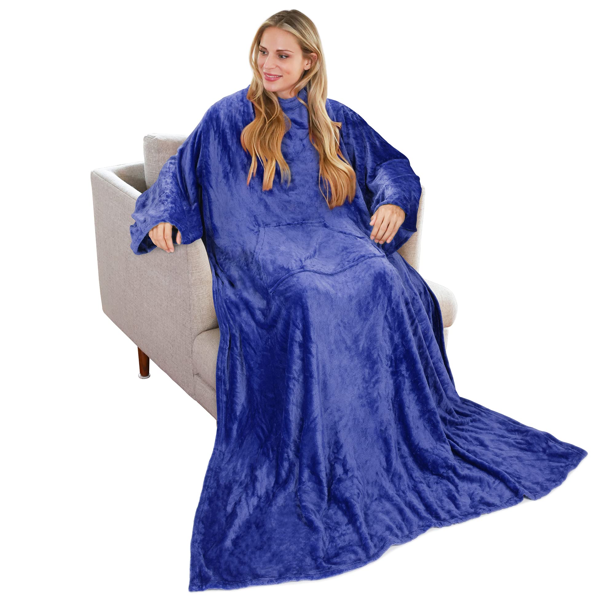 Catalonia Classy Portable Blanket with Sleeves Gift for Adult Women Men, Extra Soft Warm Cosy Micro Plush Lightweight Fleece Snug Body Blanket, TV Wrap Throw Blanket with Pocket,Blue