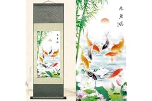 Newscz Asian Wall Art Chinoiserie Decor Silk Scroll Painting Art Poster Koi Nine Fish Picture Vertical Wall Mural Art for Living Room Asian Home Oriental Decor(36 by 12 in)