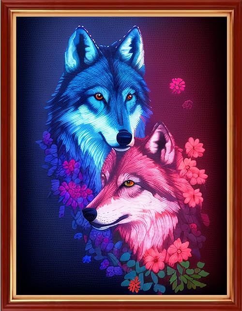 Dimensean Stamped Cross Stitch Kits Full Range of Embroidery Patterns Starter Kits for Beginners Adult or Kids DIY Cross Stitches Needlepoint Kits 11CT-Couple Wolf 15.7x19.7 inch