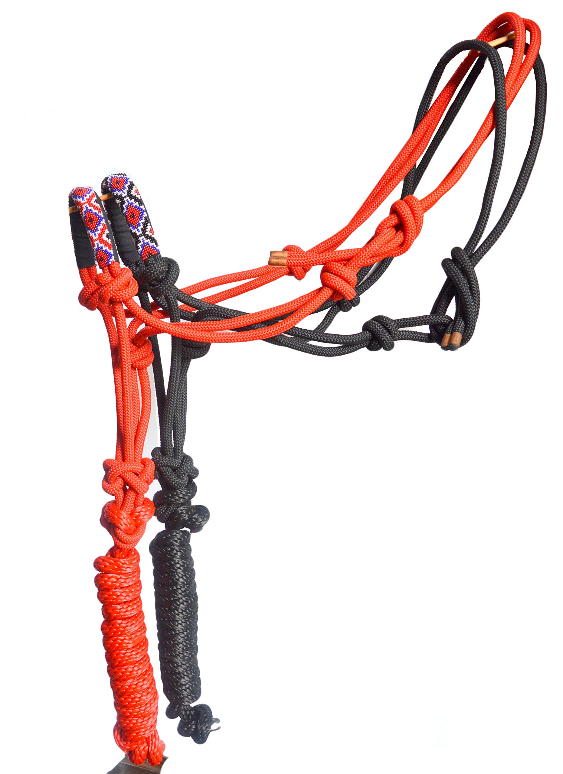 Nylon Horse Braided Rope Halter Beaded Noseband Lead Rope (Red B)