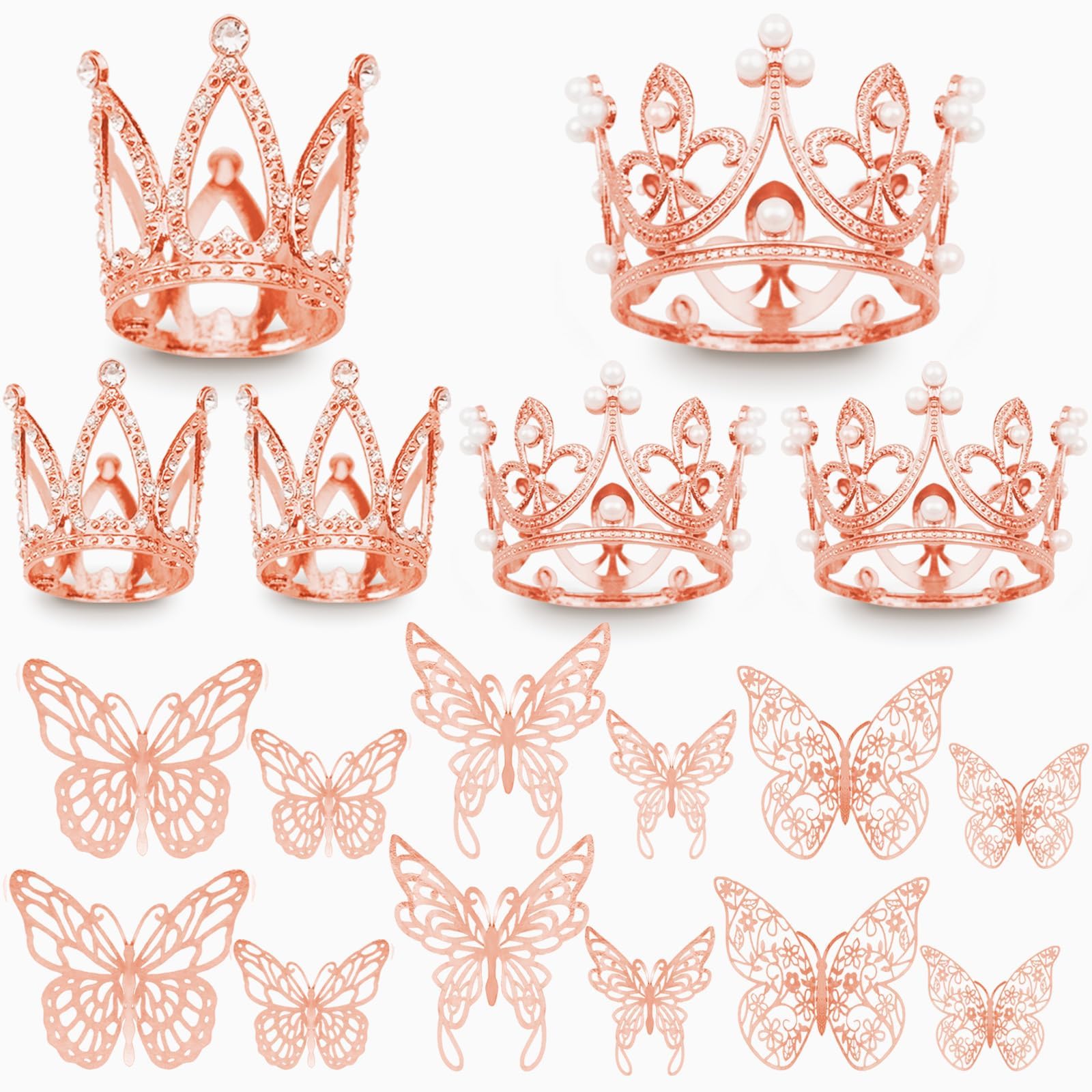 Photo 1 of 42PCS Crown Cake Topper Mini Tiara with 3D Butterfly Decoration Vintage Pearl Rhinestone Crown Cake Topper Cupcake Topper Cake Decoration for Birthday Wedding Anniversity Party Baby Shower (Rose Gold)