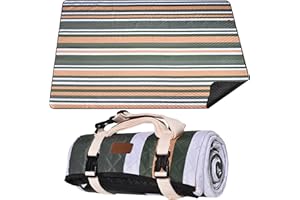 ALLBFENG Waterproof Picnic Blanket 80" x 60" in Portable with Carry Strap for Beach Mat or Family Outdoor Camping Party, Park Blanket for Grass Park Hiking Travel, Concerts (Dark Green&White&Orange, 80" x 60")