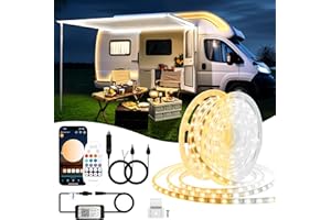 TENDIST 50FT 12V White RV Awning Led Light Strip Dimmable 3000-6500K, IP67 Smart APP RV LED Exterior Lights Interior with RF Remote, Camper Awning Lights for Motorhome, Food Truck (Warm&Cool white, 50FT)