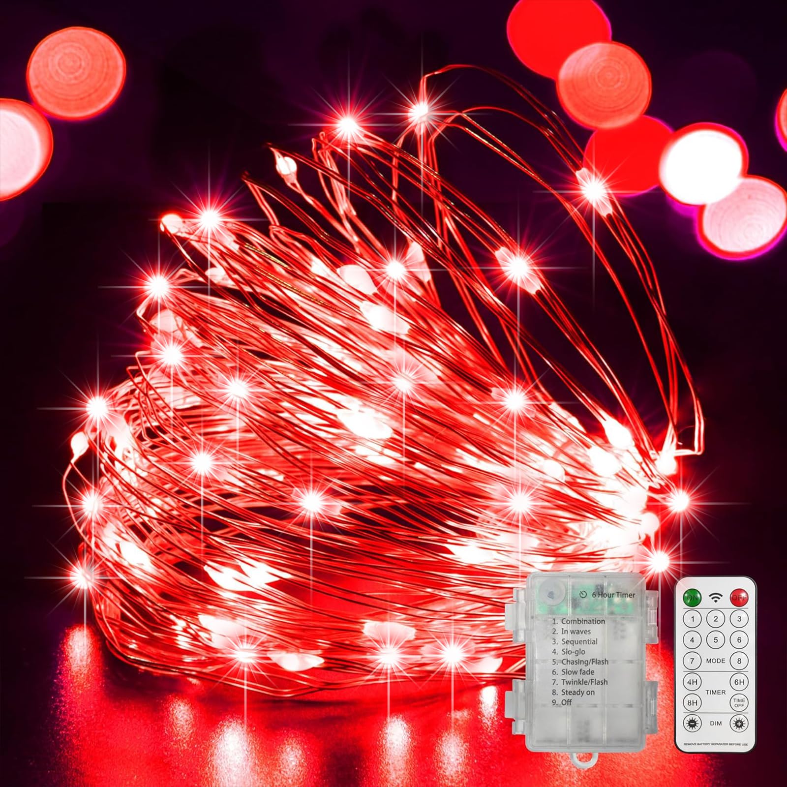 LAMPHOME 100 LED 33FT Red Valentine Lights, Valentine's Day Fairy Lights Battery Operated, Twinkle String Light Multi Functions & Timer with Remote for Christmas Bedroom Wedding DIY Centerpiece Decor
